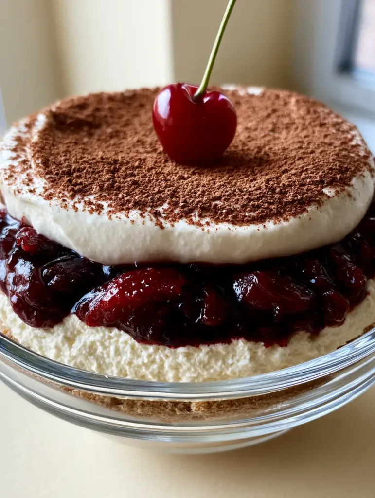 Close-up side view of Cherry Amaretto Tiramisu layers including espresso-soaked ladyfingers and whipped mascarpone cream. (Cherry Amaretto Tiramisu)
