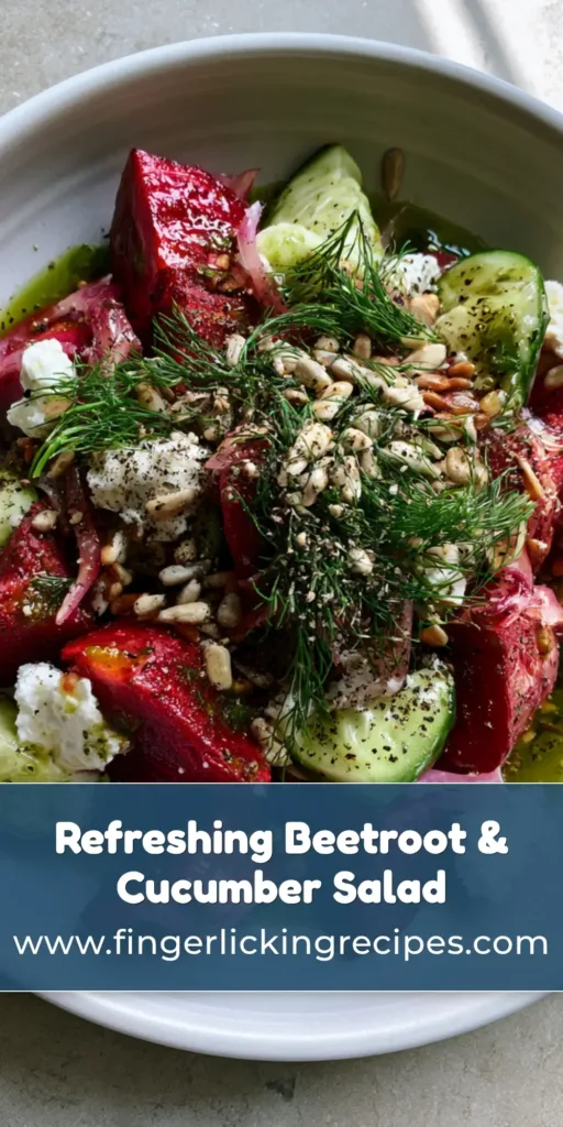 Beetroot Cucumber Salad with Roasted Red Beets and Herb Vinaigrette 7 A vibrant Beetroot Cucumber Salad with roasted red beet wedges, English cucumbers, and goat cheese in a white bowl. (Beetroot Cucumber Salad)