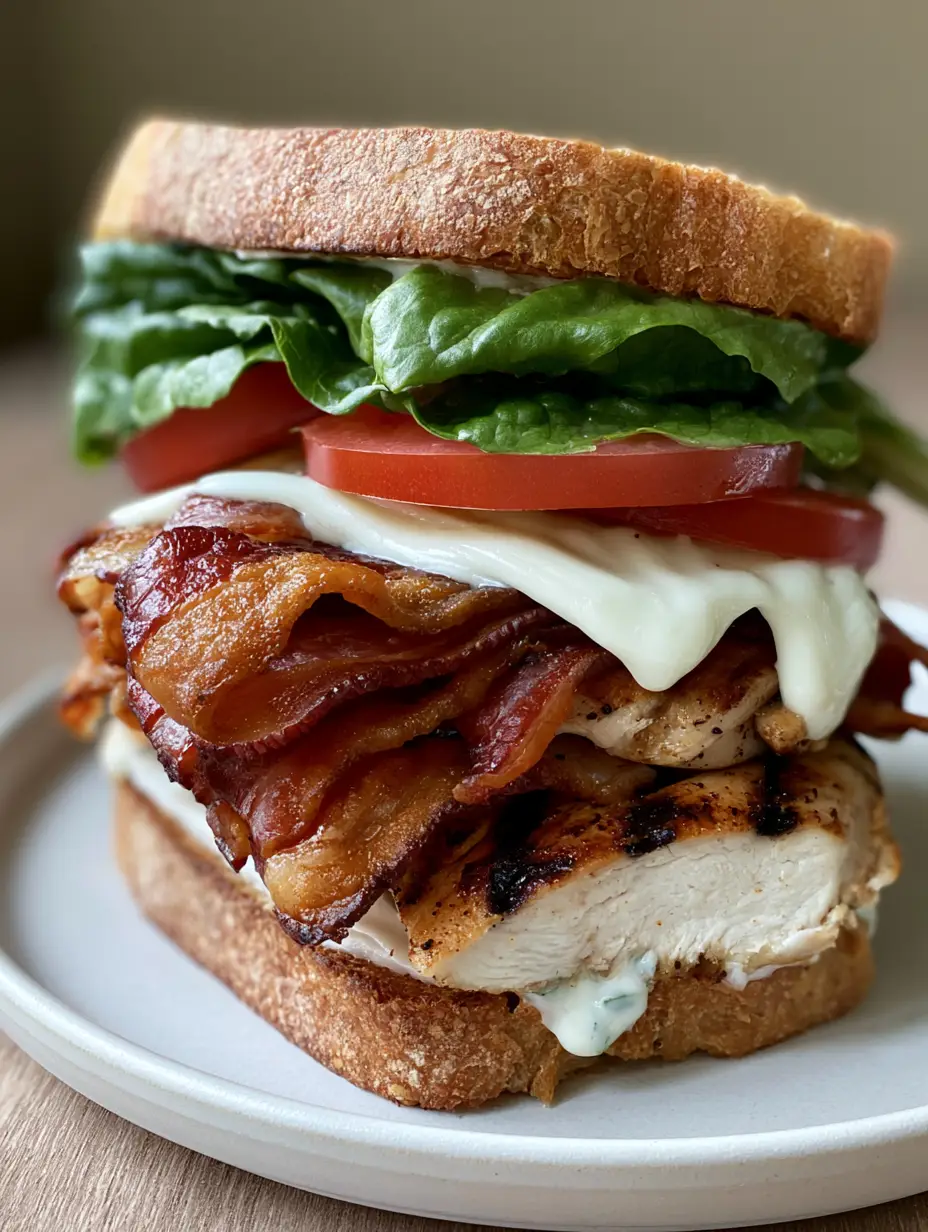 Ultimate Chicken Club Sandwich with Garlic Aioli and Toasted Sourdough 4 A close-up vertical shot of an Ultimate Chicken Club Sandwich featuring melted provolone and charred chicken slices.