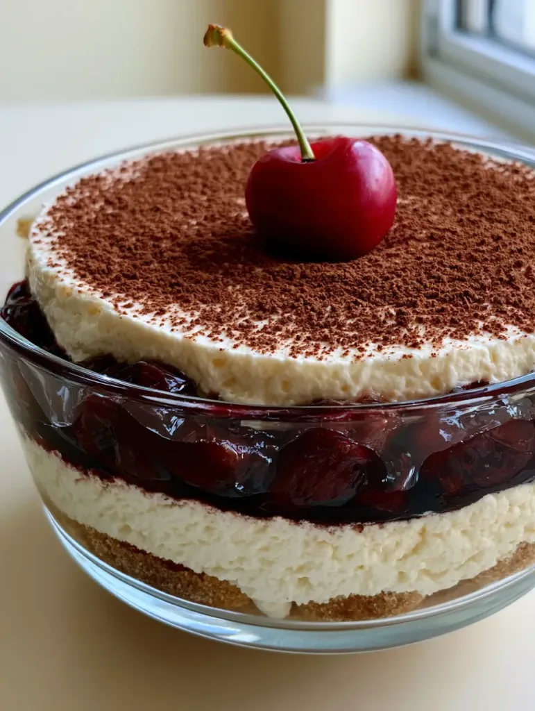 A handheld photo of the finished Cherry Amaretto Tiramisu topped with cocoa powder and a single red cherry with a stem.