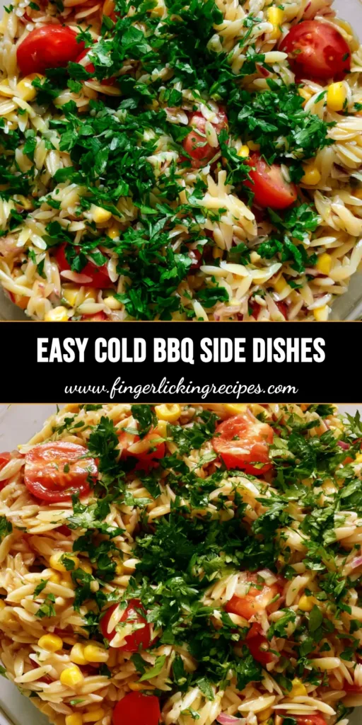 A vibrant bowl of orzo pasta salad with corn and tomatoes, a perfect example of Cold BBQ Side Dishes.