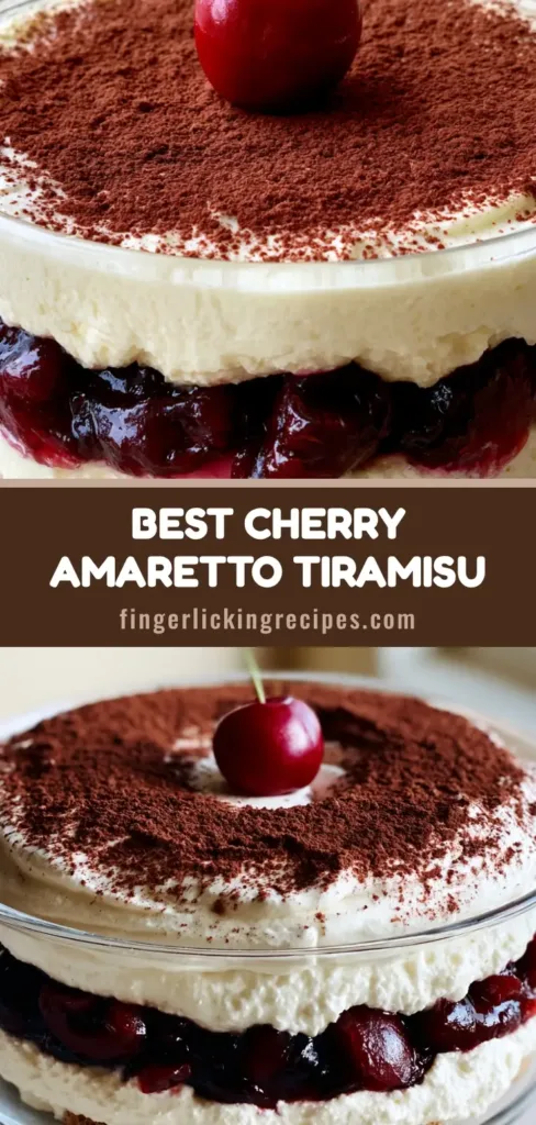 A side view of a layered Cherry Amaretto Tiramisu in a clear glass bowl showing espresso sponge, ivory cream, and dark red cherry layers.
