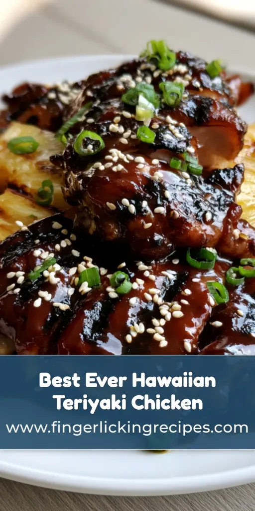 Hawaiian Teriyaki Chicken: The Ultimate Sticky, Char-Grilled Island Feast 7 A close-up of sliced Hawaiian Teriyaki Chicken on a white plate with thick glossy sauce, charred edges, and grilled pineapple rings.