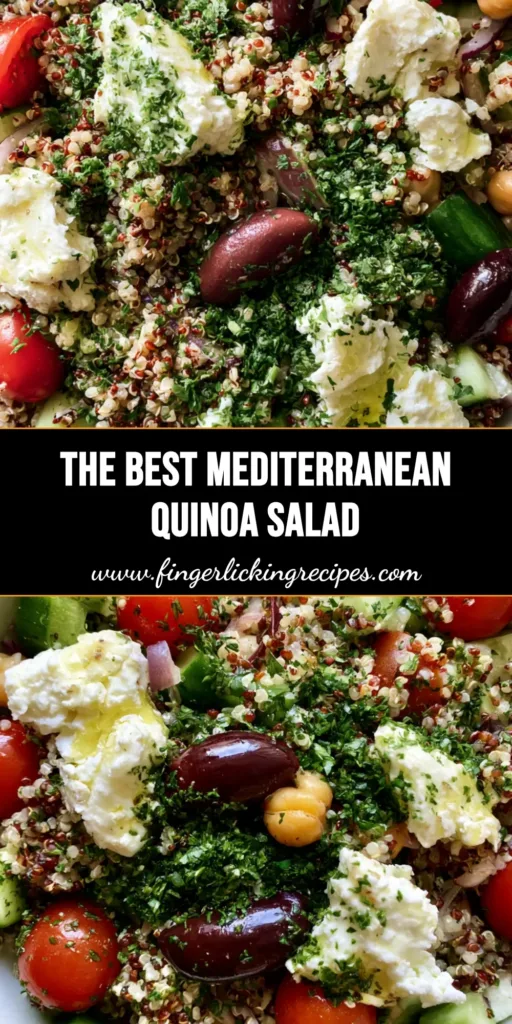 Mediterranean Quinoa Salad with Zesty Lemon Vinaigrette 6 A top-down professional view of a Mediterranean Quinoa Salad in a white bowl, showing fluffy quinoa grains, vibrant cherry tomatoes, and creamy feta. (Mediterranean Quinoa Salad)