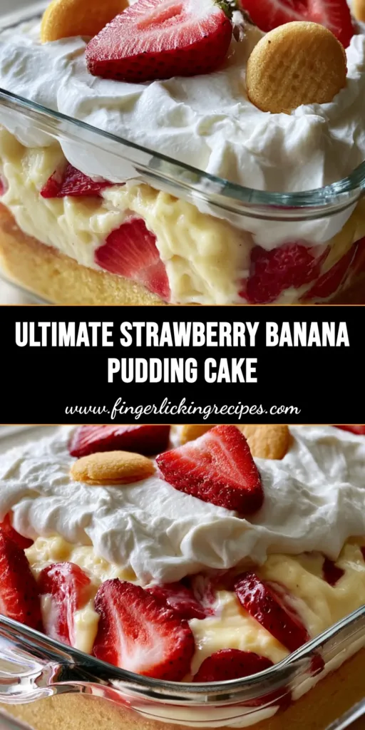 A top-down view of a Strawberry Shortcake Banana Pudding Cake in a glass dish garnished with whole vanilla wafers and fresh strawberry halves.
