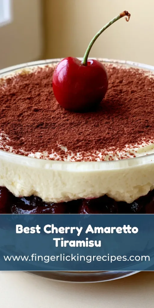 A side view of a layered Cherry Amaretto Tiramisu in a clear glass bowl showing espresso sponge, ivory cream, and dark red cherry layers.