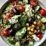Mediterranean Quinoa Salad with Zesty Lemon Vinaigrette A shallow white ceramic bowl containing a vibrant Mediterranean Quinoa Salad with red and white quinoa, cucumbers, and olives. (Mediterranean Quinoa Salad)