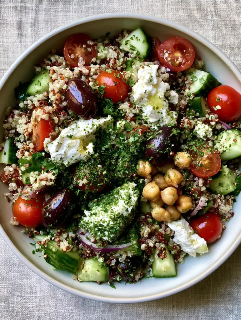 Mediterranean Quinoa Salad with Zesty Lemon Vinaigrette 4 A shallow white ceramic bowl containing a vibrant Mediterranean Quinoa Salad with red and white quinoa, cucumbers, and olives. (Mediterranean Quinoa Salad)