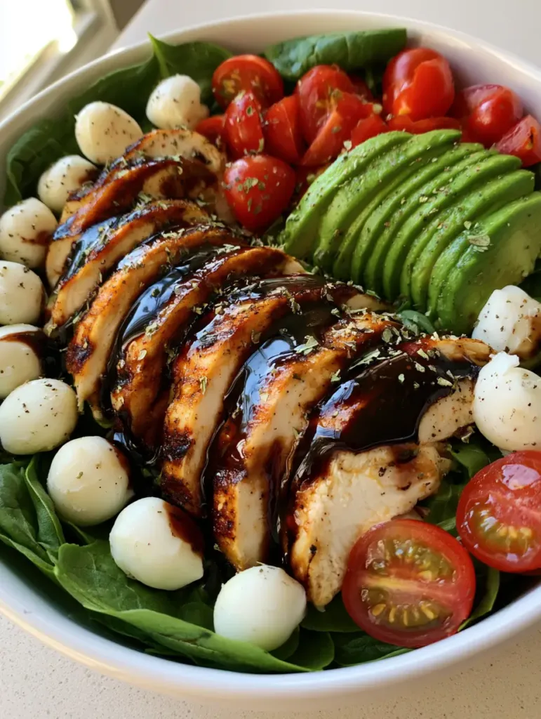 Baked Chicken Salad with Balsamic Glaze and Fresh Mozzarella 3 Top-down view of a Baked Chicken Salad with diagonal chicken slices, mozzarella pearls, and halved cherry tomatoes.