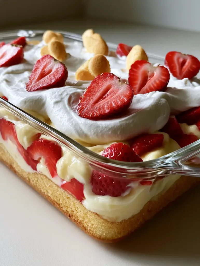A handheld photo showing the side view of a clear glass dish with layers of golden sponge, yellow pudding, red strawberries, and white cream. (Strawberry Shortcake Banana Pudding Cake)