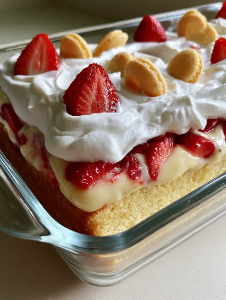 A close-up of the whipped cream topping on a Strawberry Shortcake Banana Pudding Cake, showing seeded strawberry halves and cookies.