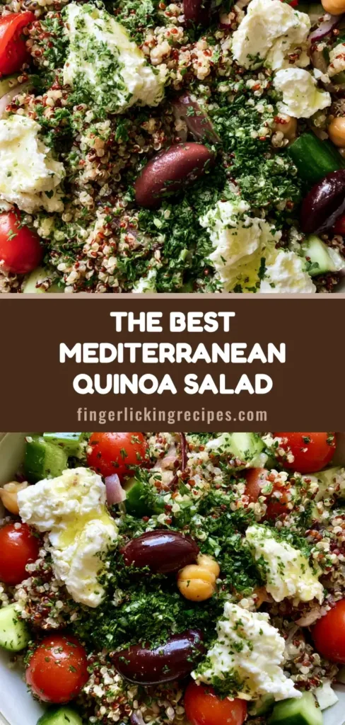 Mediterranean Quinoa Salad with Zesty Lemon Vinaigrette 7 A top-down professional view of a Mediterranean Quinoa Salad in a white bowl, showing fluffy quinoa grains, vibrant cherry tomatoes, and creamy feta. (Mediterranean Quinoa Salad)