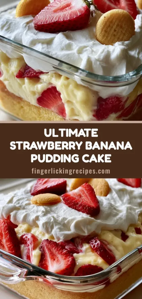A top-down view of a Strawberry Shortcake Banana Pudding Cake in a glass dish garnished with whole vanilla wafers and fresh strawberry halves.
