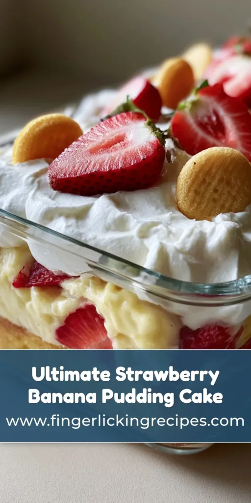 A top-down view of a Strawberry Shortcake Banana Pudding Cake in a glass dish garnished with whole vanilla wafers and fresh strawberry halves.