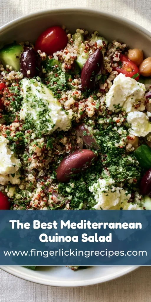 Mediterranean Quinoa Salad with Zesty Lemon Vinaigrette 8 A top-down professional view of a Mediterranean Quinoa Salad in a white bowl, showing fluffy quinoa grains, vibrant cherry tomatoes, and creamy feta. (Mediterranean Quinoa Salad)