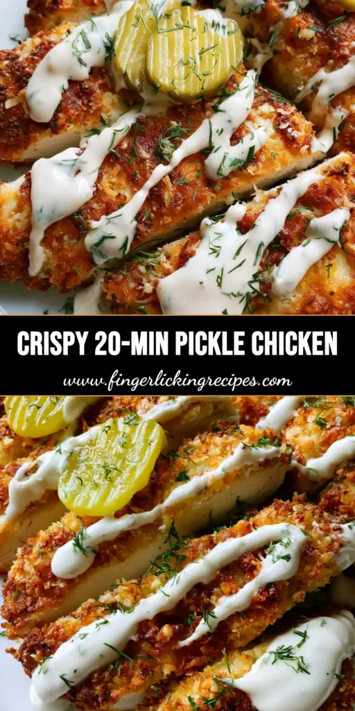 Air Fryer Dill Pickle Chicken: The Ultimate Crispy Parmesan-Crusted Guide 4 Top-down view of sliced Air Fryer Dill Pickle Chicken with a thick panko-parmesan crust, topped with circular pickle chips and a messy ranch drizzle on a white plate.