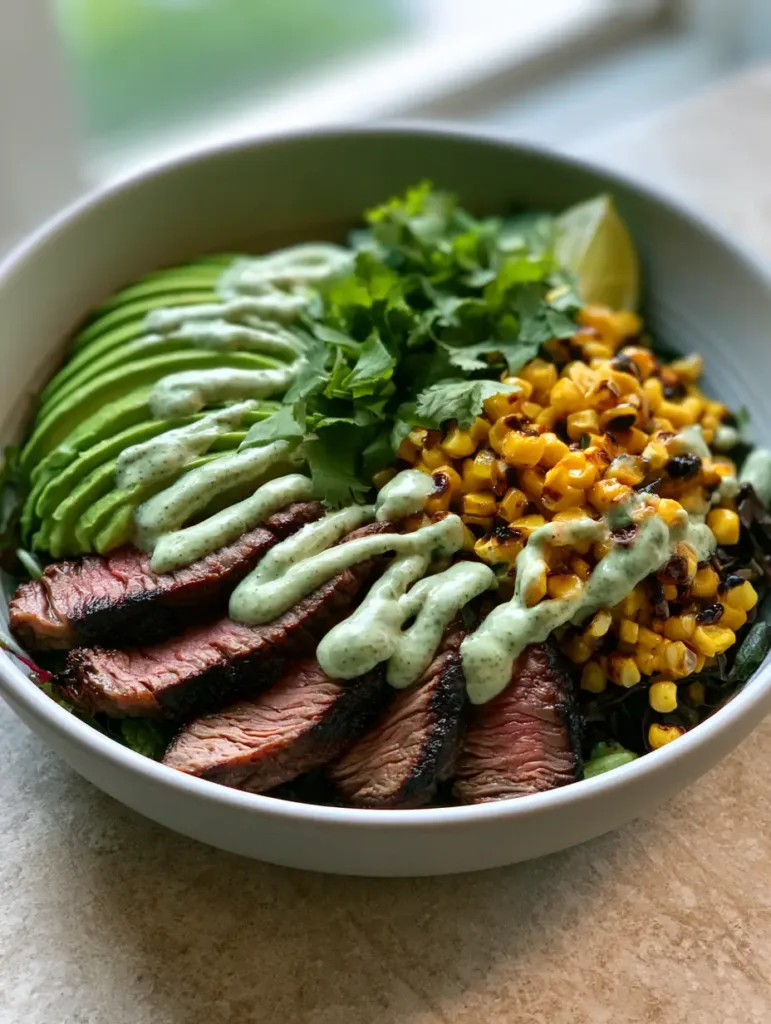 Detailed shot of sliced medium-rare steak with charred edges in a Whole30 Steak and Avocado Bowl.
