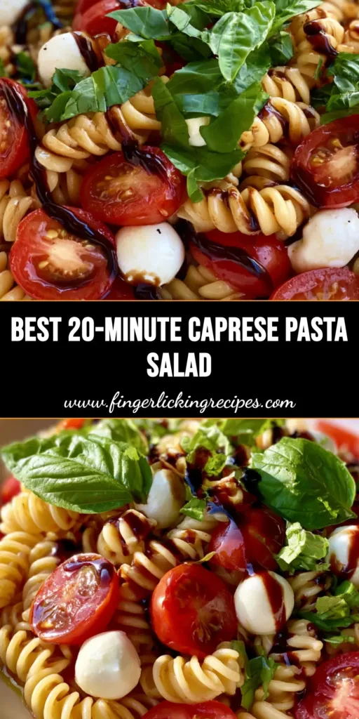 Caprese Pasta Salad with Balsamic Glaze and Fresh Basil 5 A close-up of Caprese Pasta Salad with rotini, tomatoes, and mozzarella pearls in a white bowl.