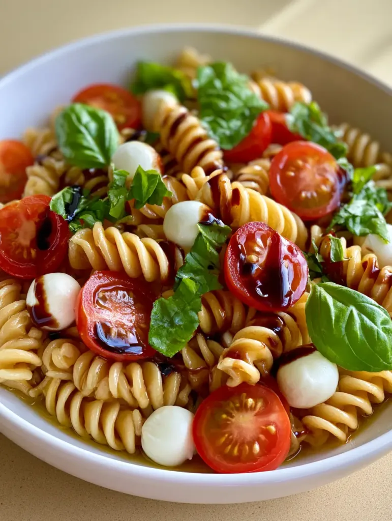 Caprese Pasta Salad with Balsamic Glaze and Fresh Basil 3 Smartphone photo of Caprese Pasta Salad in a shallow white ceramic bowl with balsamic drizzle.
