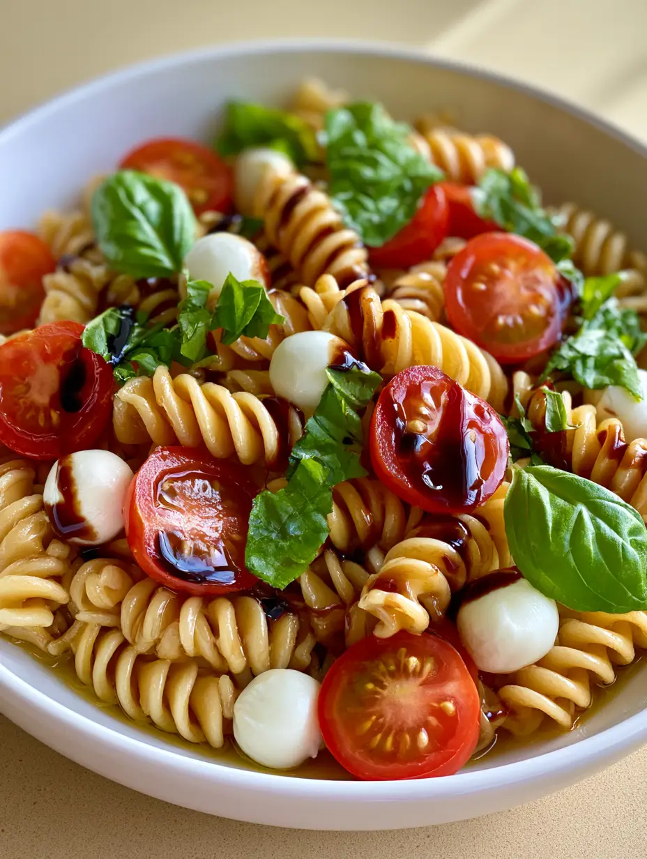 Caprese Pasta Salad with Balsamic Glaze and Fresh Basil 4 Smartphone photo of Caprese Pasta Salad in a shallow white ceramic bowl with balsamic drizzle.