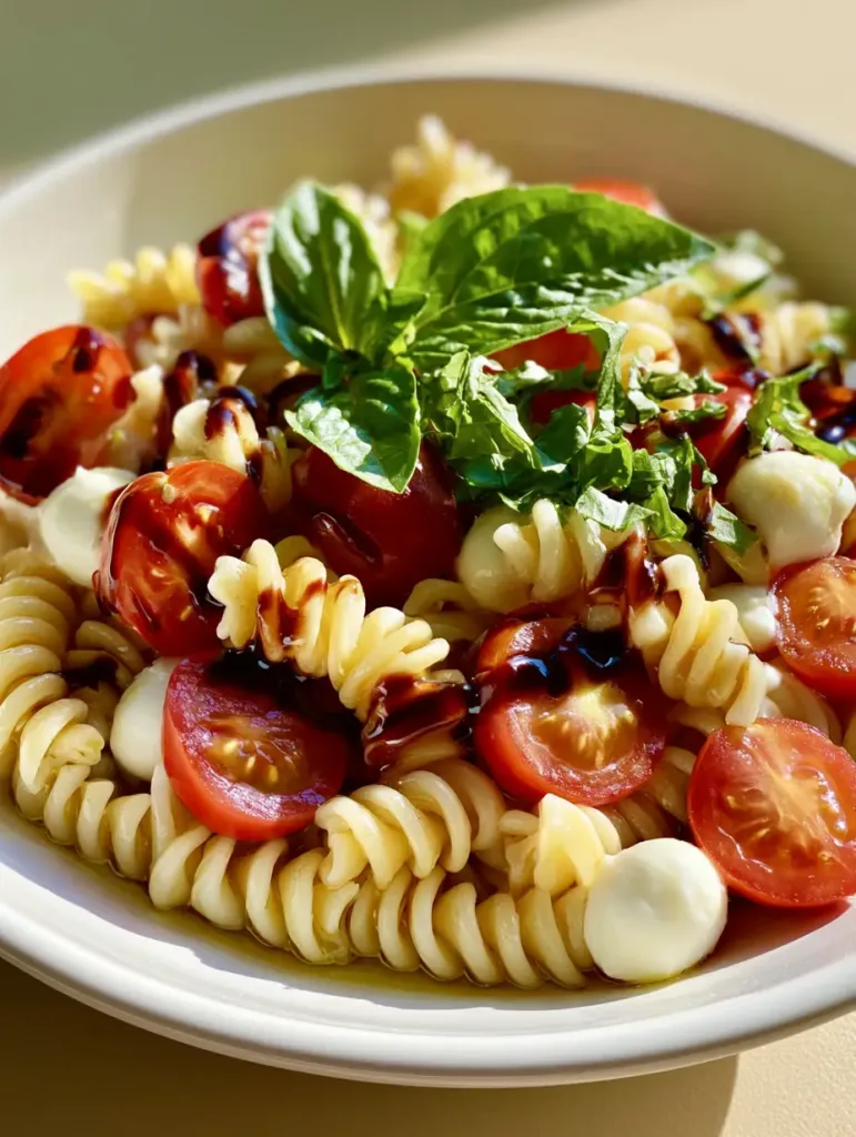 Caprese Pasta Salad with Balsamic Glaze and Fresh Basil 2 Detail shot of fresh basil and mozzarella pearls in a Caprese Pasta Salad.