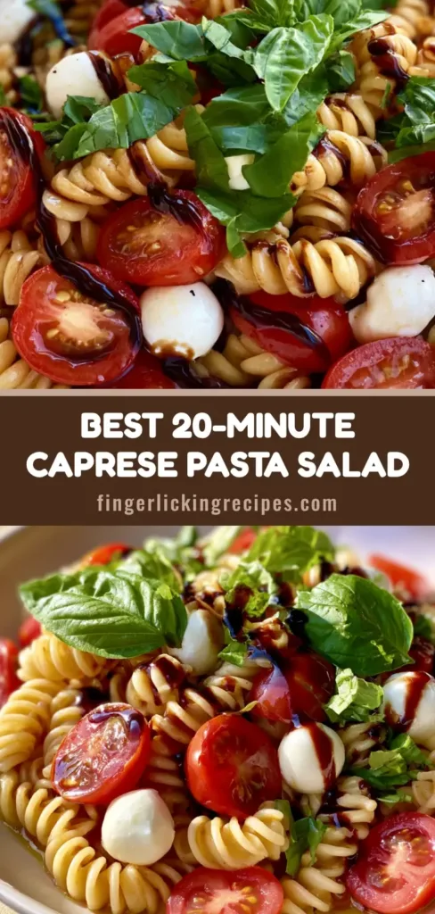 Caprese Pasta Salad with Balsamic Glaze and Fresh Basil 6 A close-up of Caprese Pasta Salad with rotini, tomatoes, and mozzarella pearls in a white bowl.