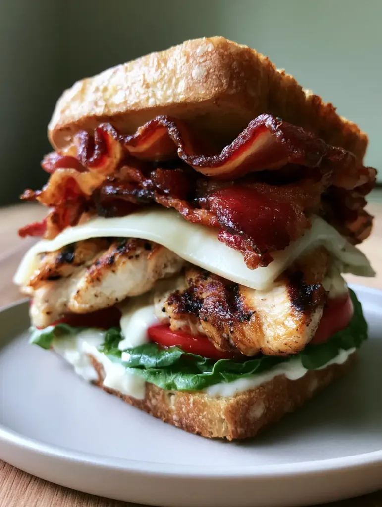 Ultimate Chicken Club Sandwich with Garlic Aioli and Toasted Sourdough 2 A side view of the Ultimate Chicken Club Sandwich showing the layers of bacon, lettuce, and dripping garlic aioli.
