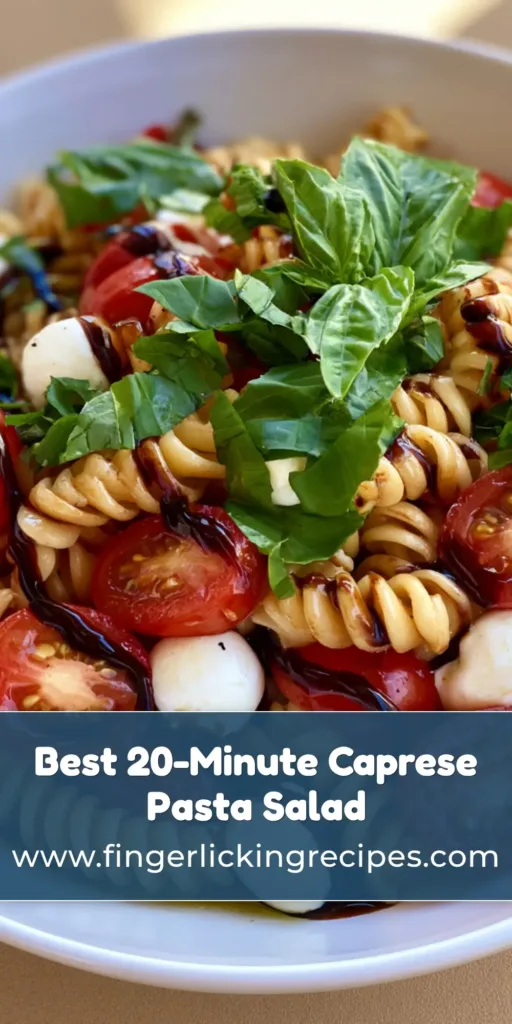 Caprese Pasta Salad with Balsamic Glaze and Fresh Basil 7 A close-up of Caprese Pasta Salad with rotini, tomatoes, and mozzarella pearls in a white bowl.