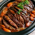 Close up of moist, stringy texture of Slow Cooker Beef Brisket slices coated in dark brown sauce.