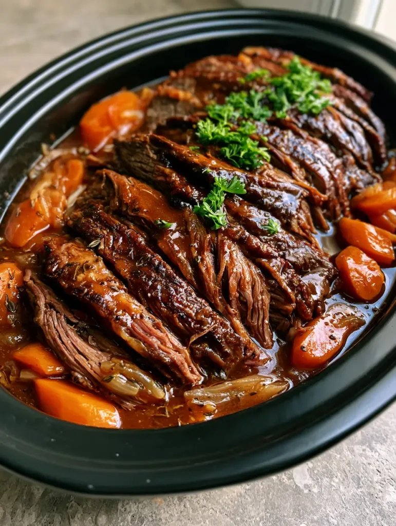Close up of moist, stringy texture of Slow Cooker Beef Brisket slices coated in dark brown sauce.