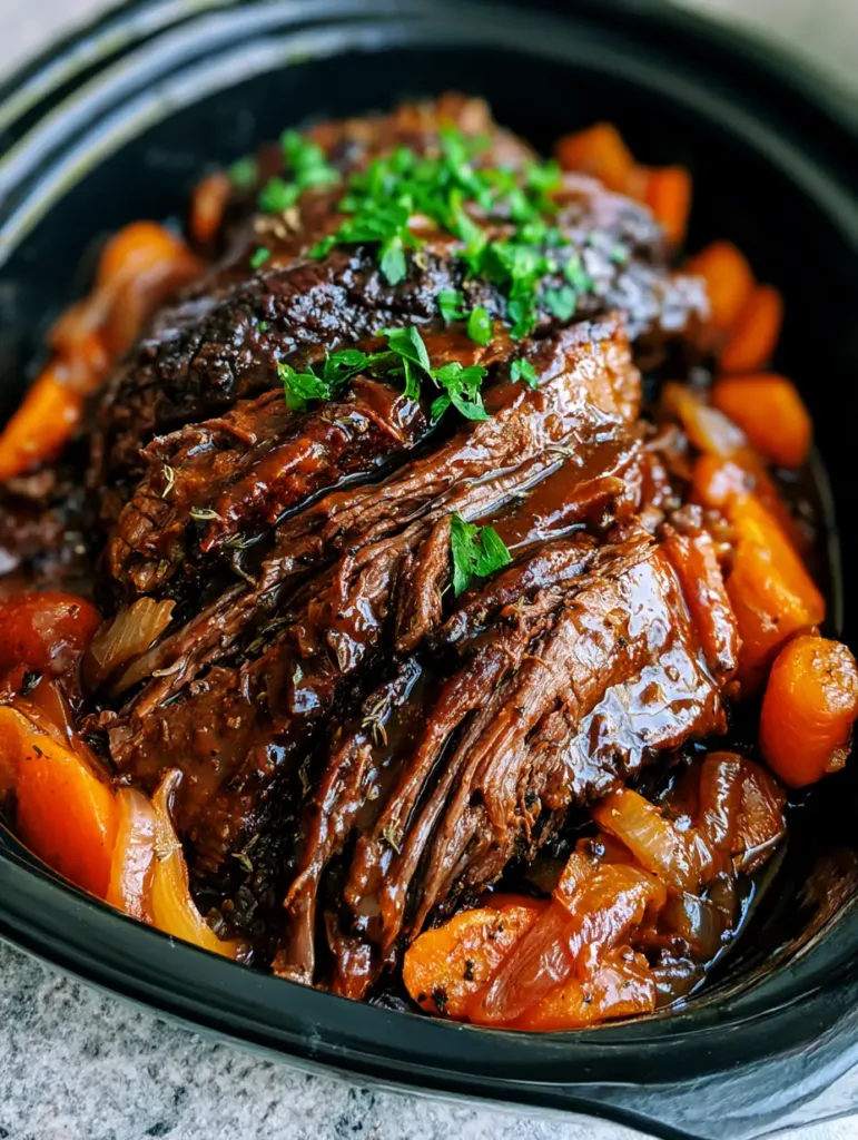 Slow Cooker Beef Brisket served with braised translucent onions and softened carrot rounds.