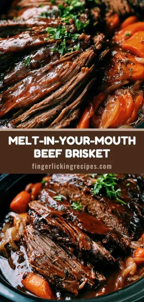 A smartphone photo of sliced Slow Cooker Beef Brisket with thick mahogany gravy, carrots, and parsley in a black ceramic crockpot.