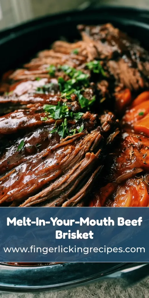 A smartphone photo of sliced Slow Cooker Beef Brisket with thick mahogany gravy, carrots, and parsley in a black ceramic crockpot.