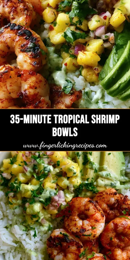 Tropical Shrimp Rice Bowl with Charred Pineapple Salsa and Avocado Crema 5 A top-down view of a Tropical Shrimp Rice Bowl in a white ceramic bowl featuring charred shrimp, yellow pineapple salsa, and fanned avocado slices.