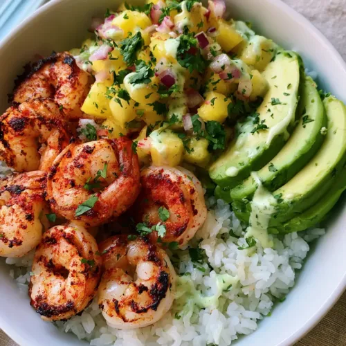 Home 1 Tropical Shrimp Rice Bowl with Charred Pineapple Salsa and Avocado Crema