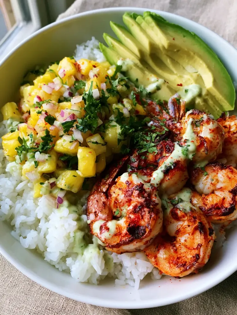 Tropical Shrimp Rice Bowl with Charred Pineapple Salsa and Avocado Crema 2 A vibrant Tropical Shrimp Rice Bowl featuring fresh pineapple salsa and a pale green avocado crema drizzle.