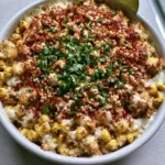 Close up shot of Street Corn Chicken Casserole showing charred corn kernels and melted Monterey Jack cheese.