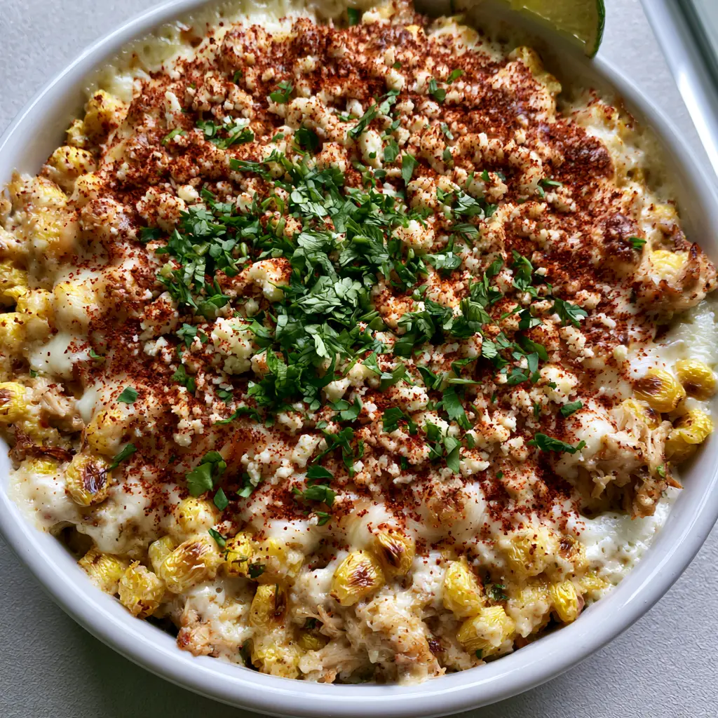 Street Corn Chicken Casserole with Charred Corn and Melty Cheese 3 Close up shot of Street Corn Chicken Casserole showing charred corn kernels and melted Monterey Jack cheese.