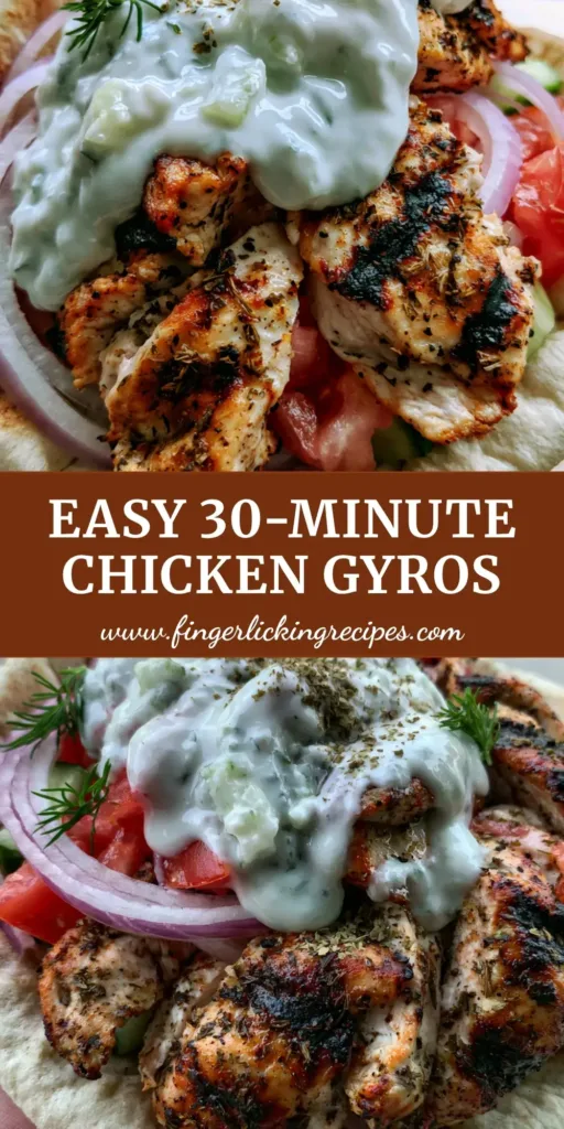 Greek Chicken Gyros with Thick Tzatziki and Charred Pita 5 A handheld Greek Chicken Gyro showing charred chicken strips, thick white tzatziki, red onions, and fresh dill in a soft pita.