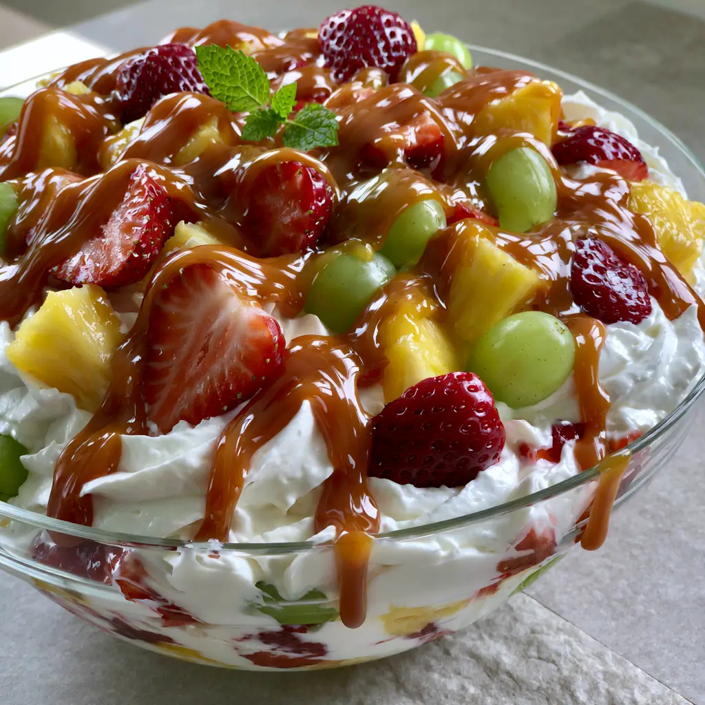 Cheesecake Fruit Salad With Velvety Caramel Drizzle 2 Top-down view of Cheesecake Fruit Salad showing the thick zig-zag caramel drizzle and fresh mint leaf garnish on a stone countertop.