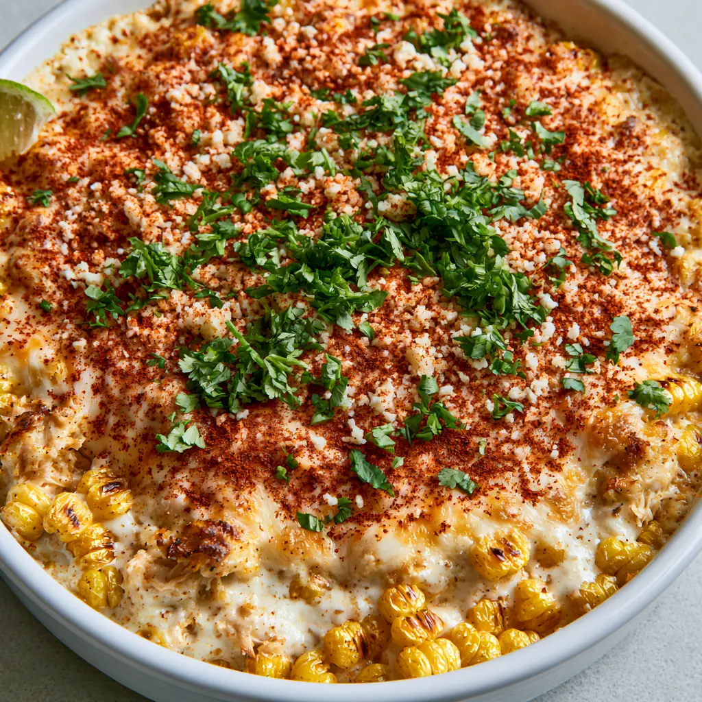 Street Corn Chicken Casserole with Charred Corn and Melty Cheese 2 Overhead view of Street Corn Chicken Casserole with bubbling cheese and a dusting of red chili powder.