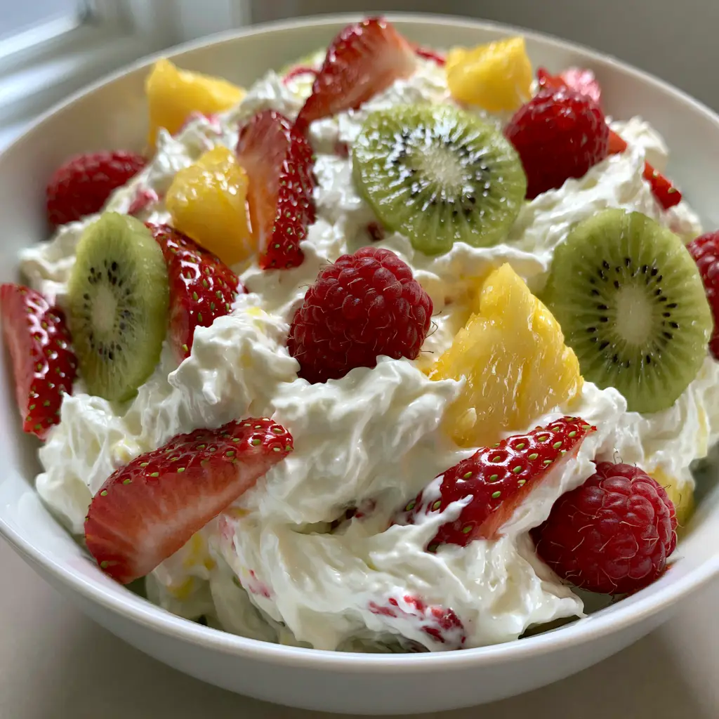 Detailed view of Hawaiian Cheesecake Salad texture, highlighting the visible tiny black seeds in the kiwi slices and the fluffiness of the cream.