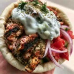 Close-up of Greek Chicken Gyros with visible dark golden char marks on the chicken and flecks of herbs. (Greek Chicken Gyros)