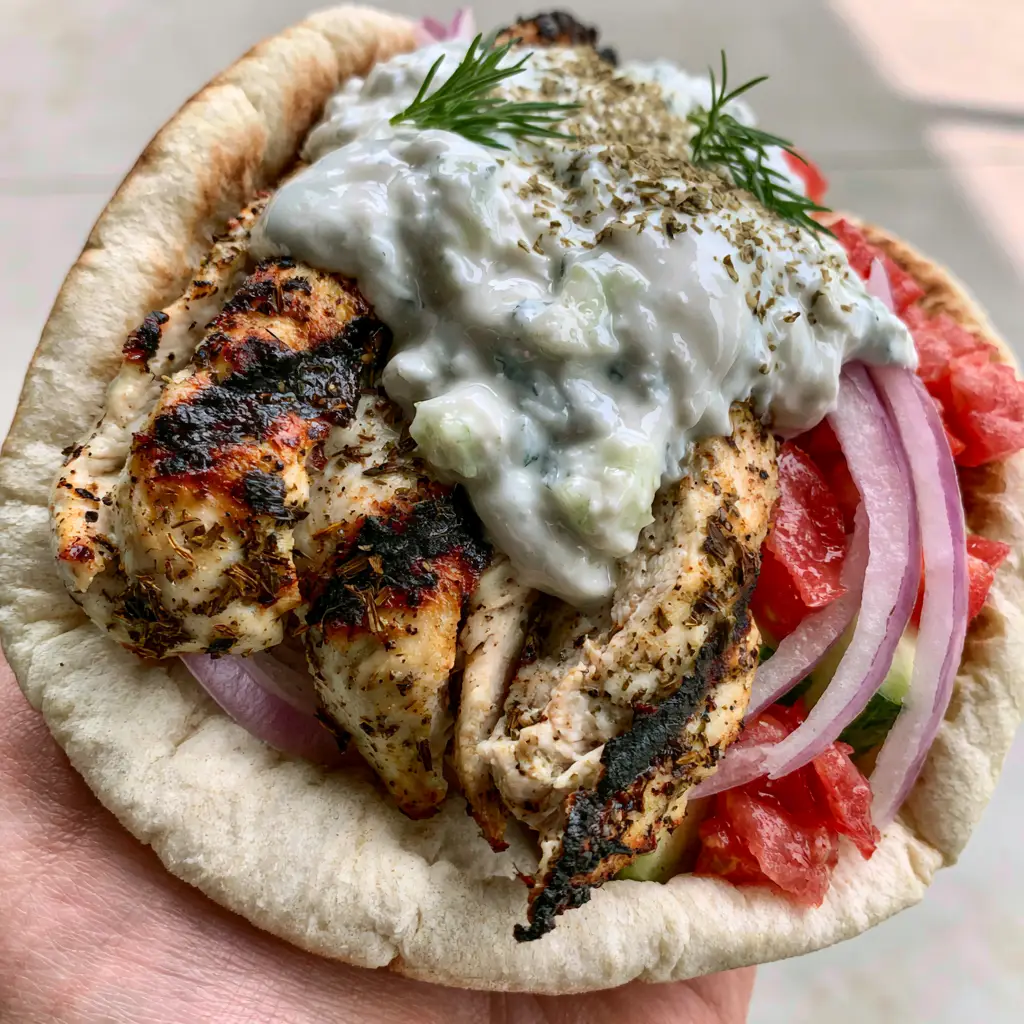 Greek Chicken Gyros with Thick Tzatziki and Charred Pita 2 Top view of a fresh Greek Chicken Gyro packed with diced tomatoes, cucumber chunks, and creamy tzatziki sauce.