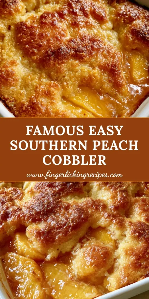 A close-up, top-down shot of a Southern peach cobbler in a white rectangular ceramic baking dish with golden-brown crust and amber syrup. (Paula Deen Peach Cobbler Recipe)