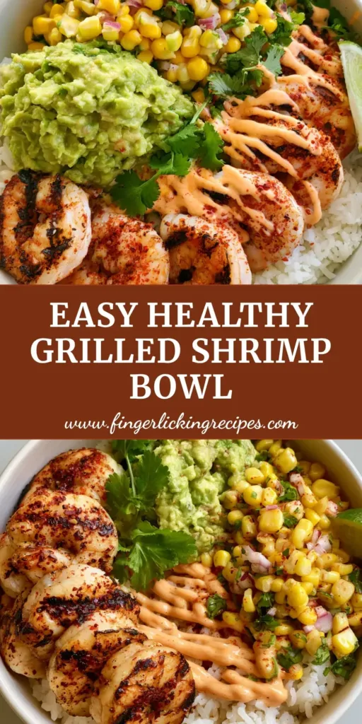 A round ceramic bowl featuring 6 charred grilled shrimp with red chili flakes, fluffy white rice, chunky avocado mash, and corn salsa with a zigzag of spicy lime dressing. (Grilled Shrimp Bowl)