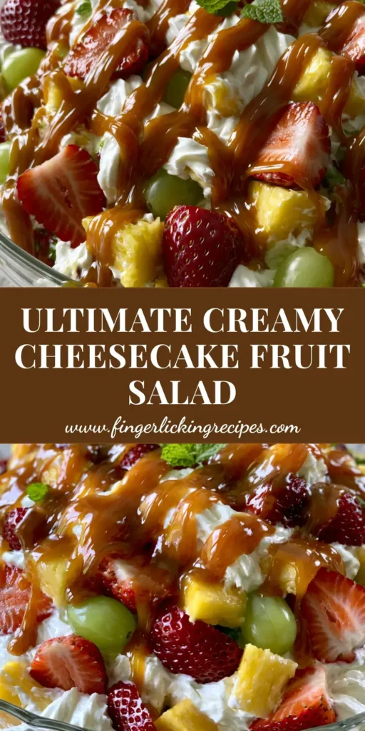 Cheesecake Fruit Salad With Velvety Caramel Drizzle 5 A large clear glass bowl filled with Cheesecake Fruit Salad featuring strawberries, pineapple, and grapes, topped with a zig-zag of thick caramel sauce and mint garnish.