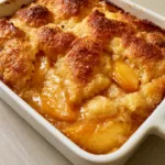 Close-up of thick sliced peaches coated in glossy, translucent amber syrup inside a cobbler. (Paula Deen Peach Cobbler Recipe)