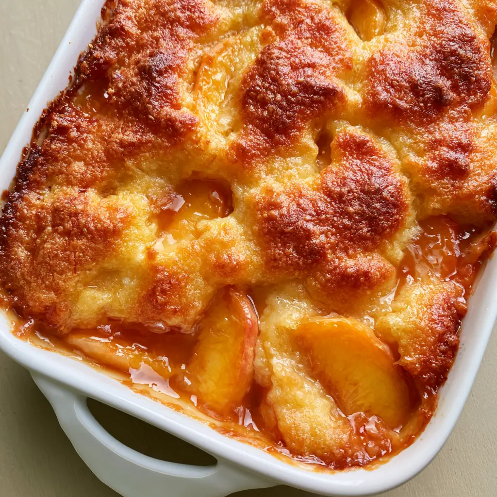 Rustic golden-brown crust with a bubbly, buttery texture and caramelized edges. (Paula Deen Peach Cobbler Recipe)