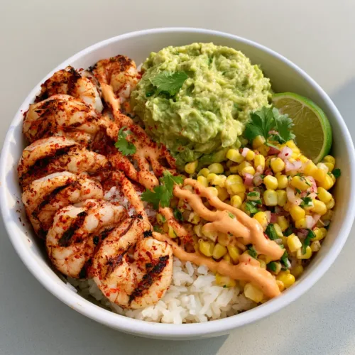 Grilled Shrimp Bowl with Chunky Avocado Mash and Spicy Lime Drizzle
